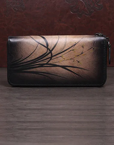 Womens Leather Zip Around Wallet Wash Painting Flowers Wristlet Wallet Ladies Zipper Clutch Wallet for Women