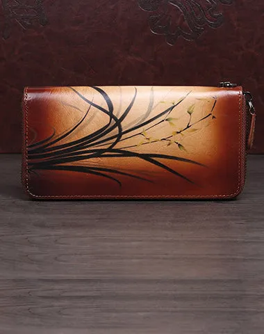 Womens Leather Zip Around Wallet Wash Painting Flowers Wristlet Wallet Ladies Zipper Clutch Wallet for Women