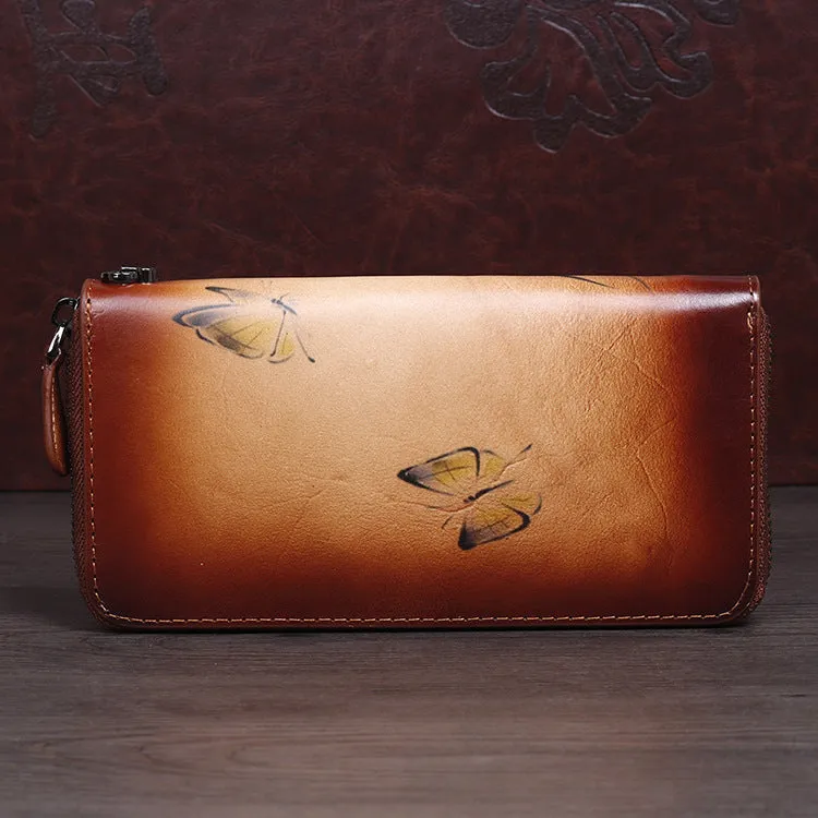 Womens Leather Zip Around Wallet Wash Painting Flowers Wristlet Wallet Ladies Zipper Clutch Wallet for Women