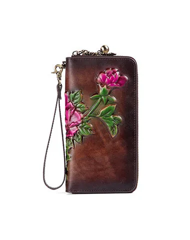 Womens Leather Zip Around Wallets Peony Flower Wristlet Wallets Floral Ladies Zipper Clutch Wallet for Women