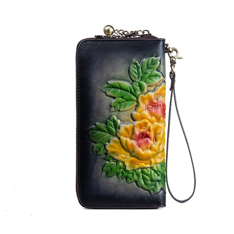 Womens Leather Zip Around Wallets Peony Flower Wristlet Wallets Floral Ladies Zipper Clutch Wallet for Women