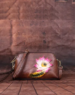 Womens Lotus Flower Coffee Leather Wristlet Wallets Shoulder Bag Small Crossbody Bag for Women