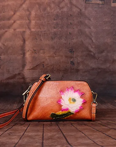 Womens Lotus Flower Coffee Leather Wristlet Wallets Shoulder Bag Small Crossbody Bag for Women