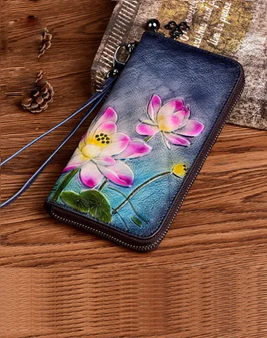 Womens Lotus Flowers Brown Leather Wristlet Wallets Zip Around Wallet Flowers Ladies Zipper Clutch Wallet for Women