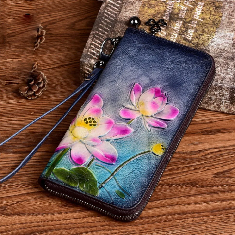 Womens Lotus Flowers Brown Leather Wristlet Wallets Zip Around Wallet Flowers Ladies Zipper Clutch Wallet for Women