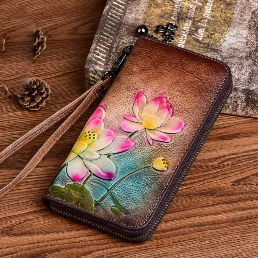 Womens Lotus Flowers Brown Leather Wristlet Wallets Zip Around Wallet Flowers Ladies Zipper Clutch Wallet for Women
