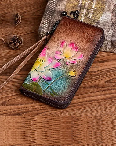Womens Lotus Flowers Brown Leather Wristlet Wallets Zip Around Wallet Flowers Ladies Zipper Clutch Wallet for Women