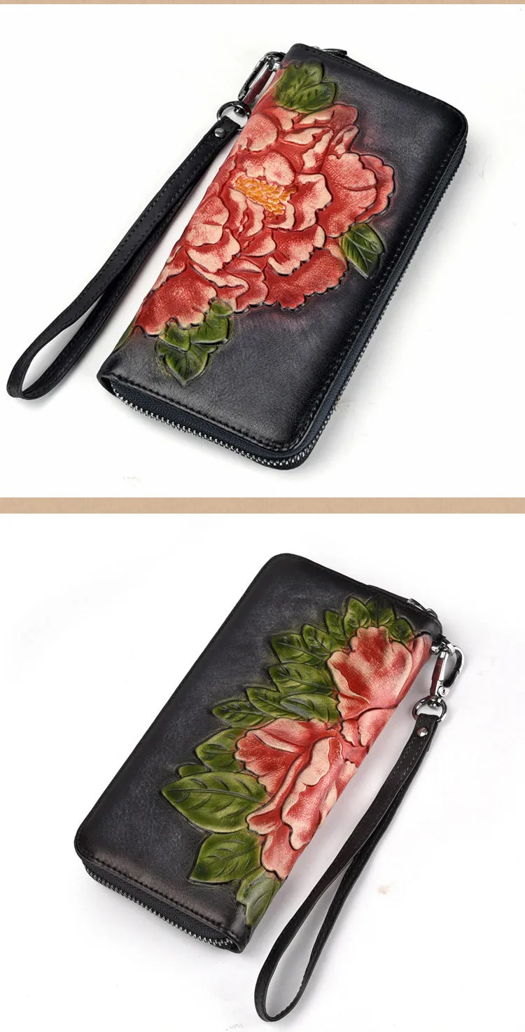 Womens Peony Flower Leather Wristlet Wallet Zip Around Wallets Floral Ladies Zipper Clutch Wallet for Women