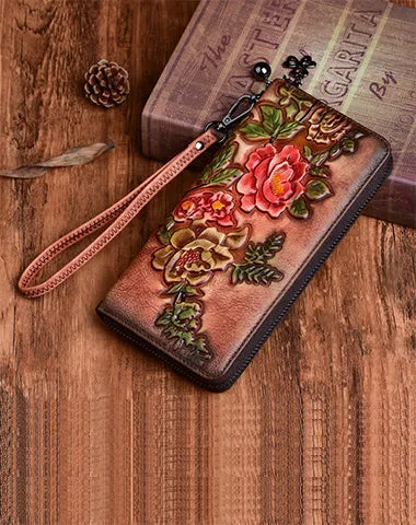 Womens Peony Flower Leather Zip Around Wallet Wristlet Wallet Floral Ladies Zipper Clutch Wallet for Women