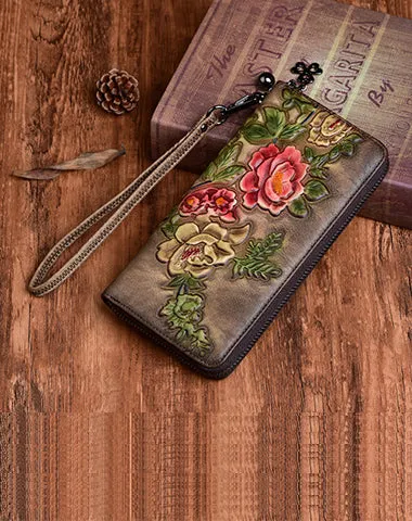 Womens Peony Flower Leather Zip Around Wallet Wristlet Wallet Floral Ladies Zipper Clutch Wallet for Women