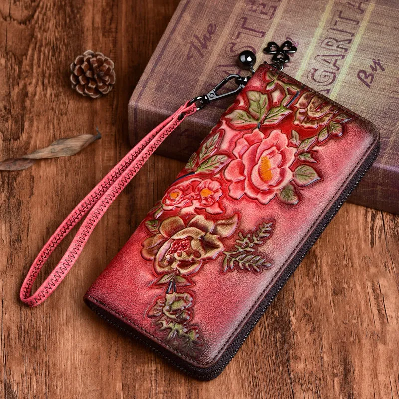 Womens Peony Flower Leather Zip Around Wallet Wristlet Wallet Floral Ladies Zipper Clutch Wallet for Women