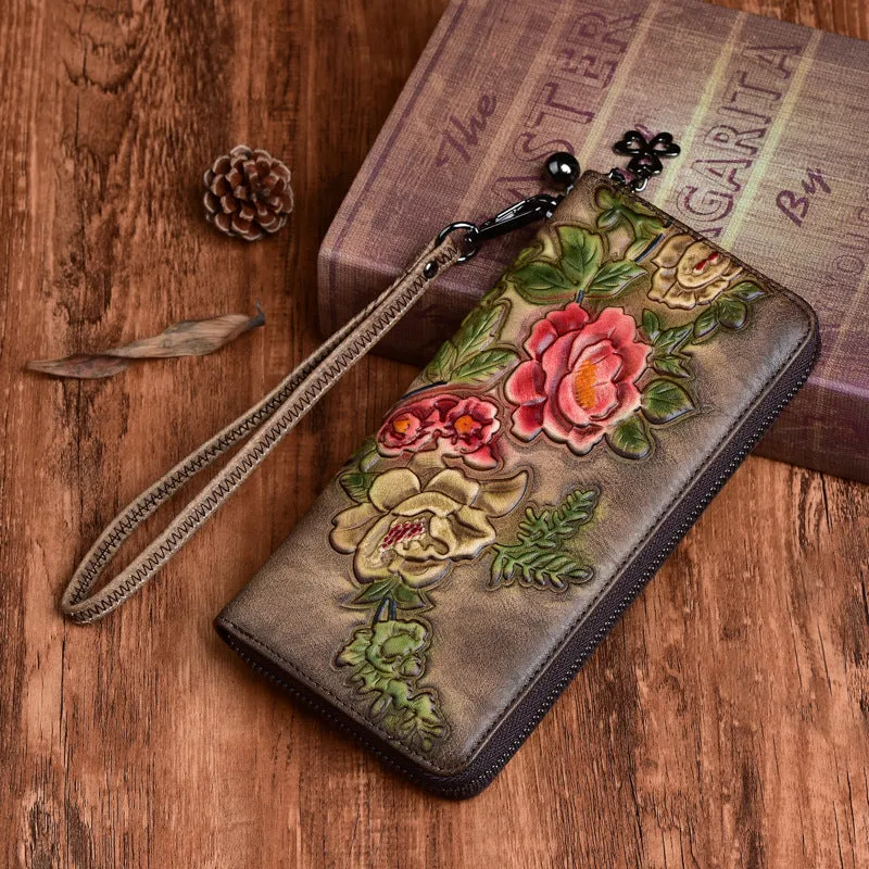 Womens Peony Flower Leather Zip Around Wallet Wristlet Wallet Floral Ladies Zipper Clutch Wallet for Women