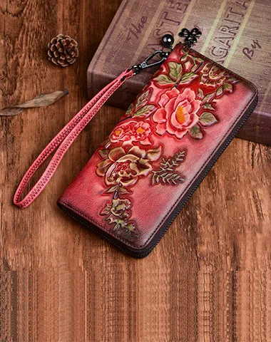 Womens Peony Flower Leather Zip Around Wallet Wristlet Wallet Floral Ladies Zipper Clutch Wallet for Women