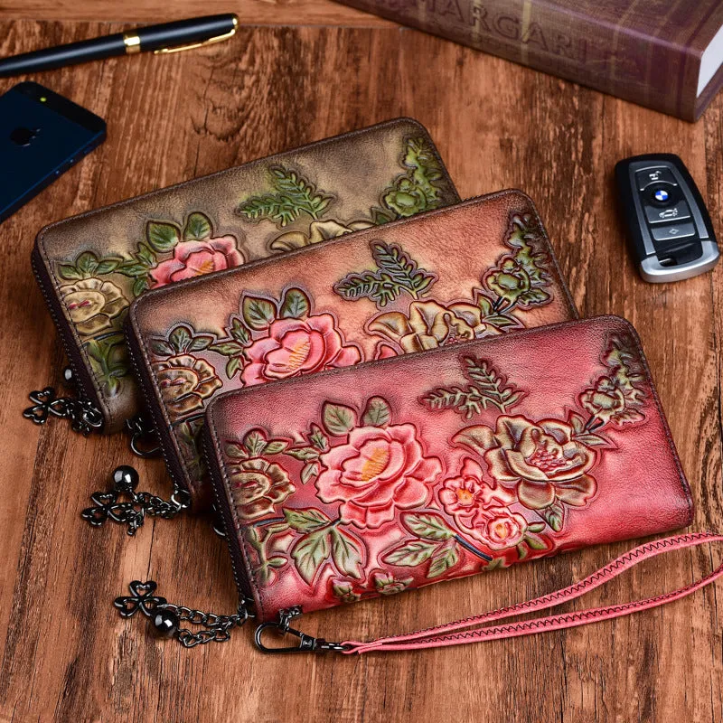 Womens Peony Flower Leather Zip Around Wallet Wristlet Wallet Floral Ladies Zipper Clutch Wallet for Women