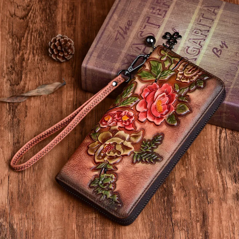 Womens Peony Flower Leather Zip Around Wallet Wristlet Wallet Floral Ladies Zipper Clutch Wallet for Women