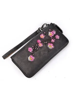 Womens Plum Blossom Flower Black Leather Zip Around Wallet Wristlet Wallet Flower Ladies Zipper Clutch Wallet for Women