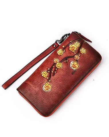 Womens Plum Blossom Flower Black Leather Zip Around Wallet Wristlet Wallet Flower Ladies Zipper Clutch Wallet for Women