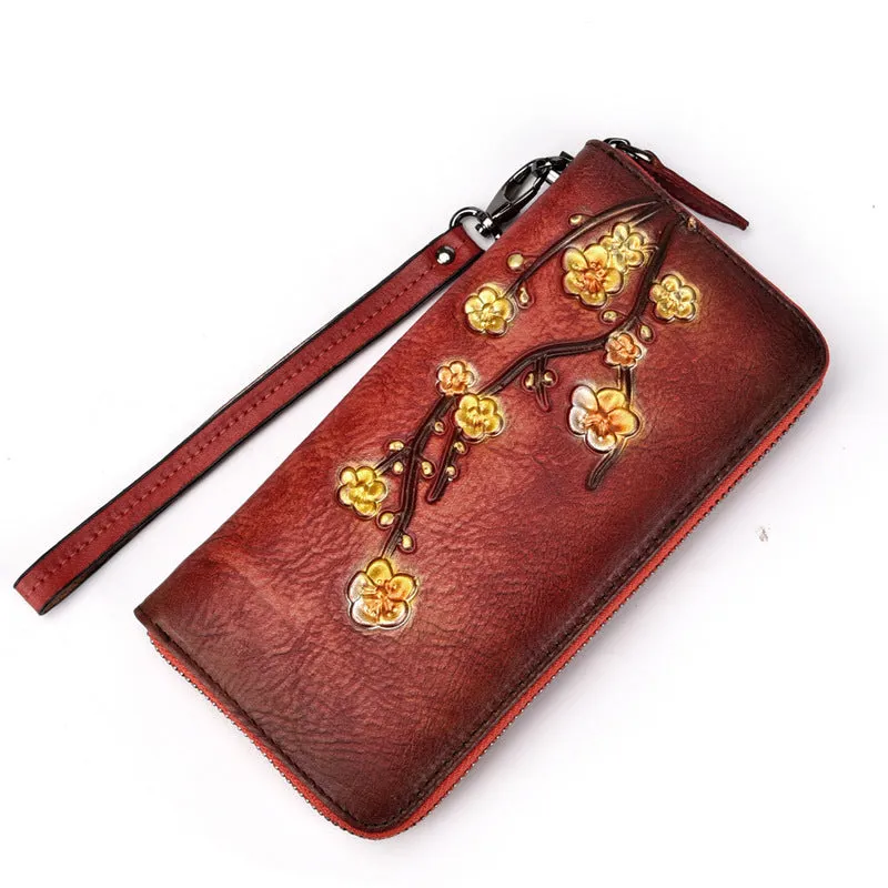 Womens Plum Blossom Flower Black Leather Zip Around Wallet Wristlet Wallet Flower Ladies Zipper Clutch Wallet for Women