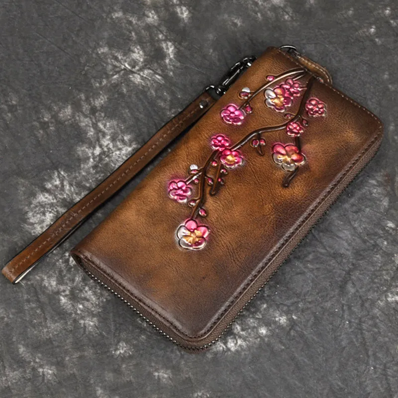 Womens Plum Blossom Flower Black Leather Zip Around Wallet Wristlet Wallet Flower Ladies Zipper Clutch Wallet for Women