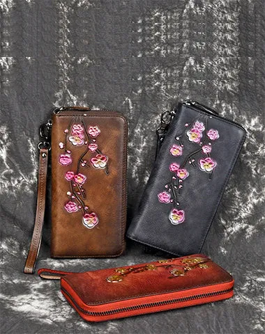 Womens Plum Blossom Flower Black Leather Zip Around Wallet Wristlet Wallet Flower Ladies Zipper Clutch Wallet for Women