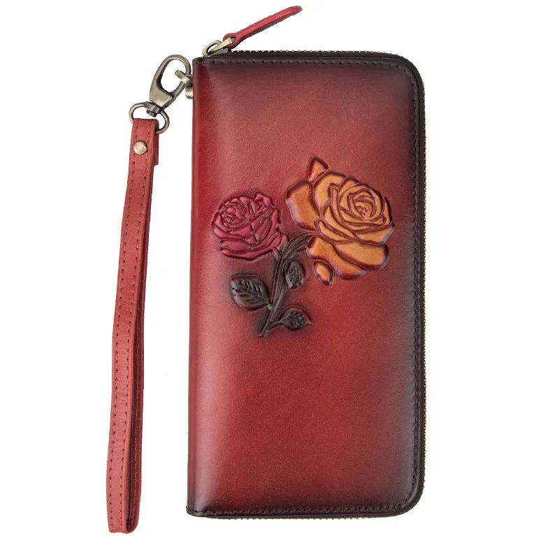 Womens Rose Flowers Red Leather Wristlet Wallets Zip Around Wallet Flowers Ladies Zipper Clutch Wallet for Women