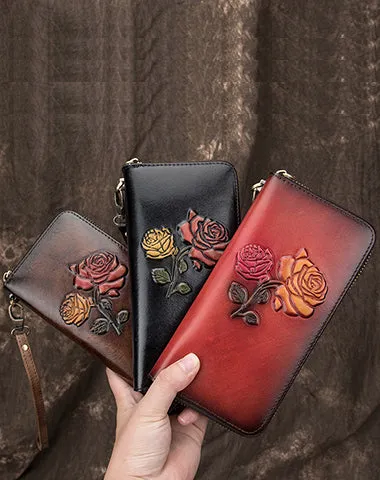 Womens Rose Flowers Red Leather Wristlet Wallets Zip Around Wallet Flowers Ladies Zipper Clutch Wallet for Women