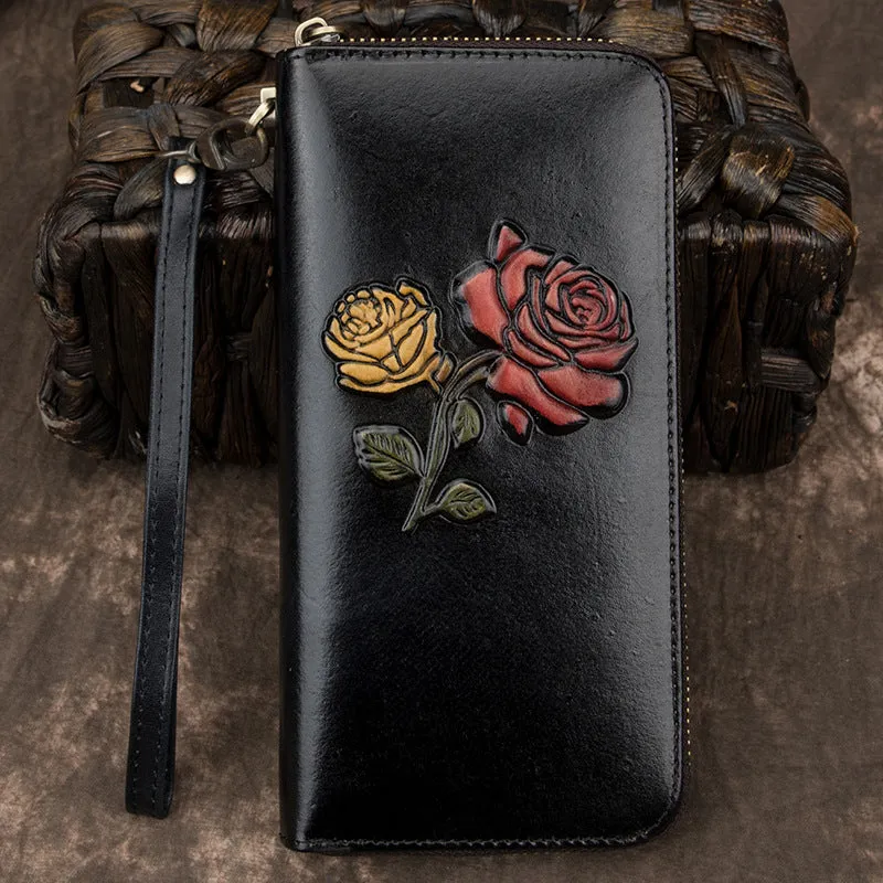 Womens Rose Flowers Red Leather Wristlet Wallets Zip Around Wallet Flowers Ladies Zipper Clutch Wallet for Women