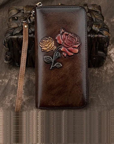 Womens Rose Flowers Red Leather Wristlet Wallets Zip Around Wallet Flowers Ladies Zipper Clutch Wallet for Women