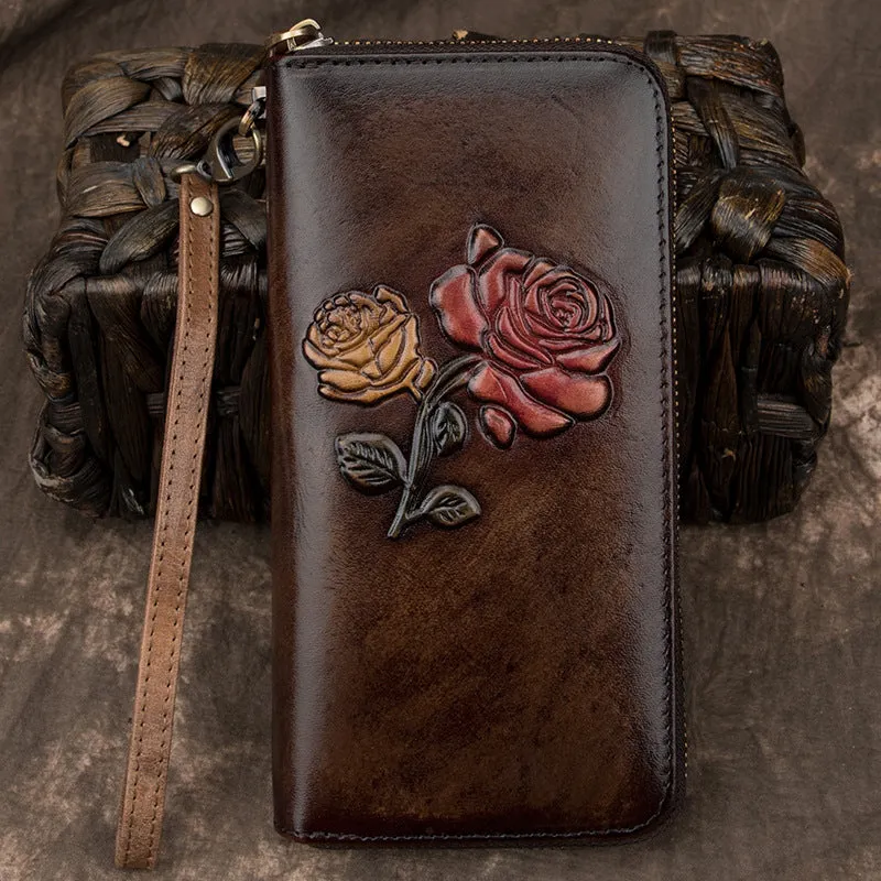Womens Rose Flowers Red Leather Wristlet Wallets Zip Around Wallet Flowers Ladies Zipper Clutch Wallet for Women