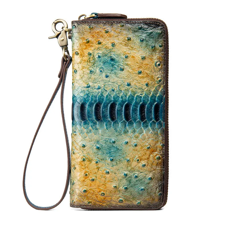Womens Yellow&Coffee Leather Zip Around Wallets Ostrich Pattern Wristlet Wallets Ladies Zipper Clutch Wallet for Women
