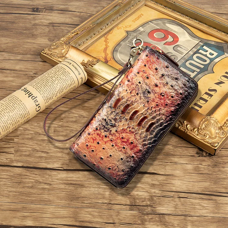 Womens Yellow&Coffee Leather Zip Around Wallets Ostrich Pattern Wristlet Wallets Ladies Zipper Clutch Wallet for Women