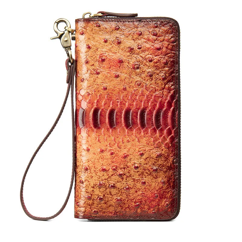 Womens Yellow&Coffee Leather Zip Around Wallets Ostrich Pattern Wristlet Wallets Ladies Zipper Clutch Wallet for Women