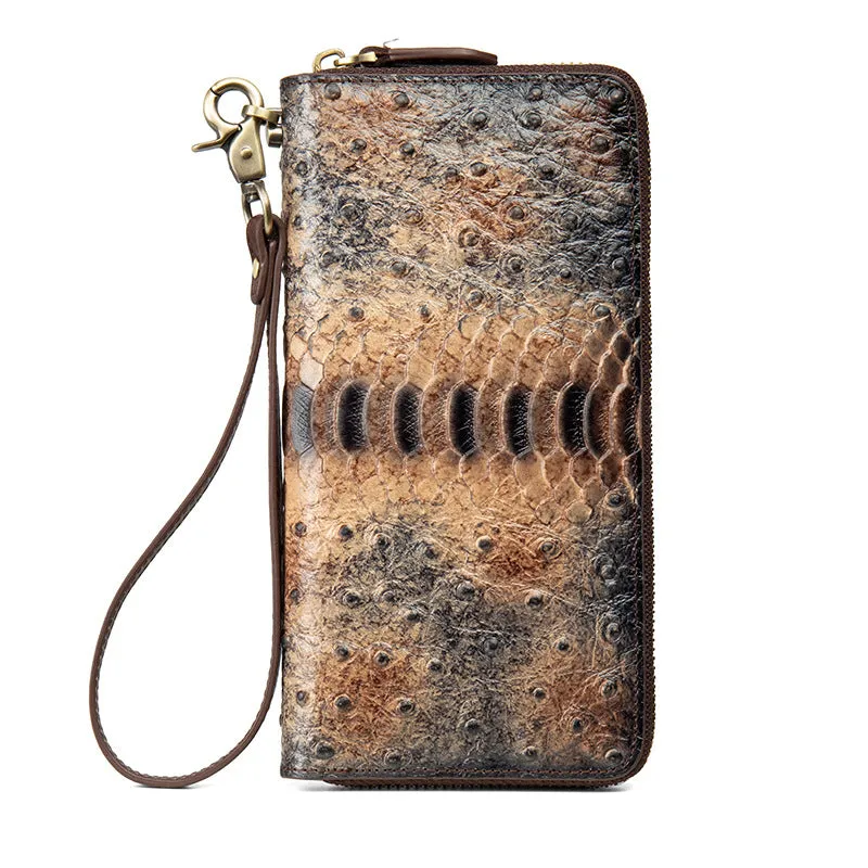 Womens Yellow&Coffee Leather Zip Around Wallets Ostrich Pattern Wristlet Wallets Ladies Zipper Clutch Wallet for Women