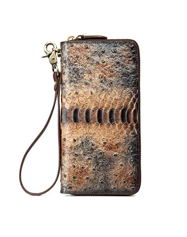 Womens Yellow&Coffee Leather Zip Around Wallets Ostrich Pattern Wristlet Wallets Ladies Zipper Clutch Wallet for Women