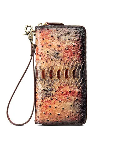 Womens Yellow&Coffee Leather Zip Around Wallets Ostrich Pattern Wristlet Wallets Ladies Zipper Clutch Wallet for Women