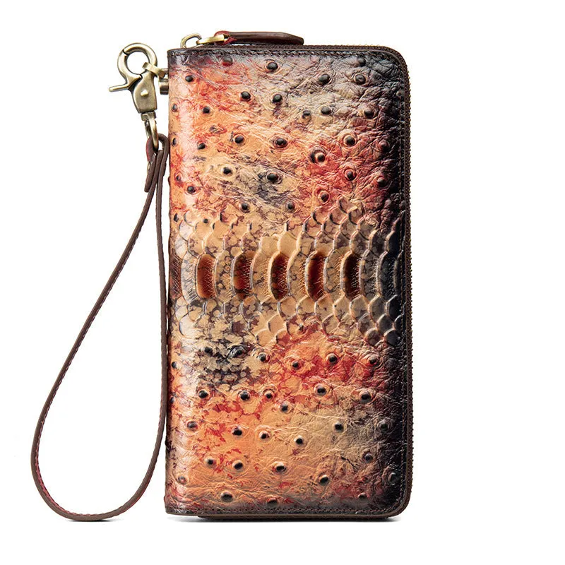Womens Yellow&Coffee Leather Zip Around Wallets Ostrich Pattern Wristlet Wallets Ladies Zipper Clutch Wallet for Women