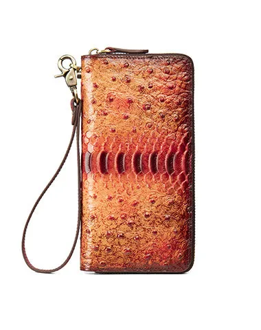 Womens Yellow&Coffee Leather Zip Around Wallets Ostrich Pattern Wristlet Wallets Ladies Zipper Clutch Wallet for Women