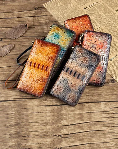 Womens Yellow&Coffee Leather Zip Around Wallets Ostrich Pattern Wristlet Wallets Ladies Zipper Clutch Wallet for Women