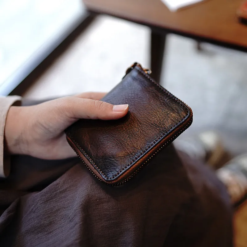 Zip Women Brown Leather Billfold Wallet Small Zip Wallets Around Zipper Wallets For Women
